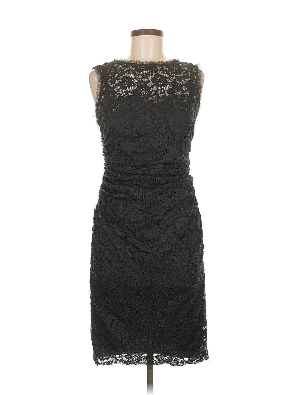 NWT Paule Ka Knee Length Cocktail Dress Ruched Lace Sheath Black 38 6 M $890